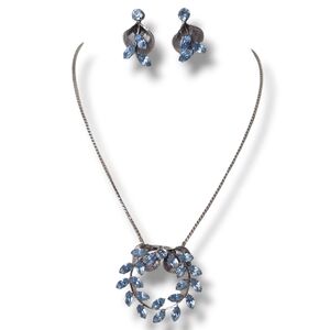 Vtg Van Dell Sterling Silver Blue Rhinestones Wreath Necklace & Earrings Set